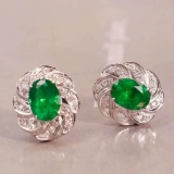 14k Gold 1.82 Ctw Vivid Green Natural Emerald & Diamond Earrings