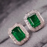 14k Gold 2.26 Ctw Vivid Green Natural Emerald & Diamond Earrings
