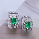 14k Gold 2.24 Ctw Vivid Green Natural Emerald & Diamond Earrings