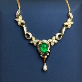 14k Gold 2.70 Ct Vivid Green Natural Emerald & Diamond Necklace