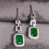 14k Gold 3.17 Ctw Vivid Green Natural Emerald & Diamond Earrings