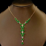 14k Gold 10.33 Ctw Vivid Green Natural Emerald & Diamond Necklace