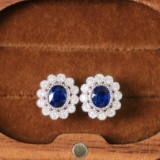 14k Gold 2.18 Ctw Vivid Blue Natural Sapphire & Diamond Earrings
