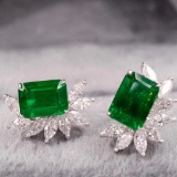 14k Gold 2.90 Ctw Vivid Green Natural Emerald & Diamond Earrings