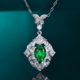 14k Gold 1.08 Ctw Vivid Green Natural Emerald & Diamond Pendant