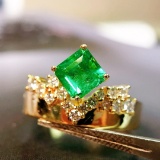 14k Gold 1.17 Ctw Vivid Green Natural Emerald & Diamond Ring