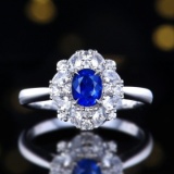 14k Gold 1.30 Ctw Vivid Blue Natural Sapphire & Sapphire Ring