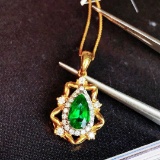 14k Gold 0.65 Ctw Vivid Green Natural Emerald & Diamond Necklace