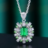 14k Gold 1.08 Ctw Vivid Green Natural Emerald & Diamond Pendant