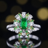 14k Gold 0.57 Ctw Vivid Green Natural Emerald & Diamond Ring