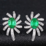 14k Gold 2.02 Ct Vivid Green Natural Emerald & Diamond Earrings