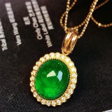 14k Gold 5.51 Ctw Vivid Green Natural Emerald & Diamond Pendant