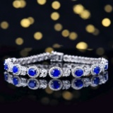 14k Gold 5.34 Ctw Vivid Blue Natural Sapphire & Diamond Bracelet
