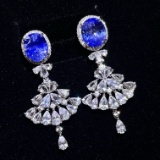 14k Gold 7.01 Ctw Vivid Blue Natural Sapphire & Diamond Earrings