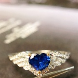 14k Gold 0.63 Ctw Vivid Blue Natural Sapphire & Diamond Ring