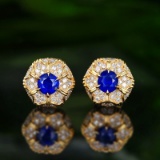 14k Gold 1.12 Ctw Vivid Blue Natural Sapphire & Diamond Earrings