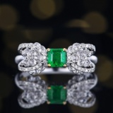 14k Gold 0.46 Ctw Vivid Green Natural Emerald & Diamond Ring