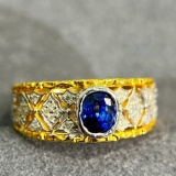 14k Gold 0.94 Ctw Vivid Blue Natural Sapphire & Diamond Ring