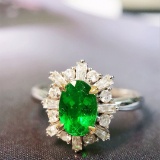 14k Gold 1.02 Ctw Vivid Green Natural Emerald & Diamond Ring