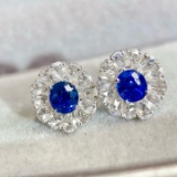 14k Gold 2.69 Ctw Vivid Blue Natural Sapphire & Diamond Earrings