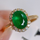 14k Gold 1.4 Ct Vivid Green Natural Emerald & Diamond Ring