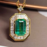 14k Gold 3.09 Ctw Vivid Green Natural Emerald & Diamond Necklace