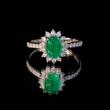 14k Gold 1.64 Ctw Vivid Green Natural Emerald & Diamond Ring
