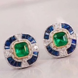 14k Gold 3.71 Ctw Vivid Green Natural Emerald & Sapphire Earrings