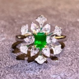 14k Gold 0.77 Ctw Vivid Green Natural Emerald & Diamond Ring