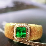 14k Gold 0.51 Ctw Vivid Green Natural Emerald & Diamond Ring