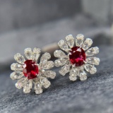 14k Gold 1.55 Ctw Vivid Red Natural Ruby & Diamond Earrings