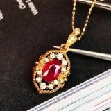 14k Gold 1.05 Ctw Vivid Red Natural Ruby & Diamond Pendant