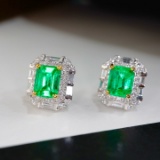 14k Gold 1.2 Ctw Vivid Green Natural Emerald & Diamond Earrings