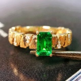 14k Gold 0.47 Ctw Vivid Green Natural Emerald & Diamond Ring