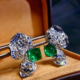 14k Gold 6.90 Ctw Vivid Green Natural Emerald & Diamond Earrings