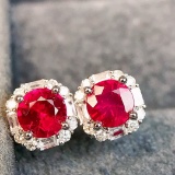 14k Gold 0.79 Ctw Vivid Red Natural Ruby & Diamond Earrings