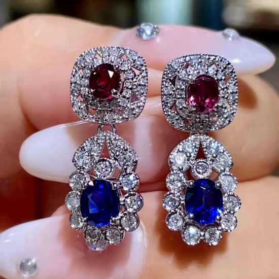 14k Gold 2.81 Ctw Vivid Blue Natural Sapphire & Diamond Earrings