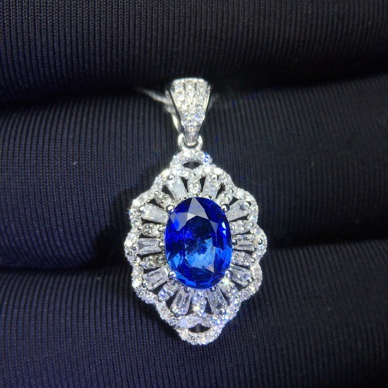 14k Gold 1.67 Ctw Vivid Blue Natural Sapphire & Diamond Pendant