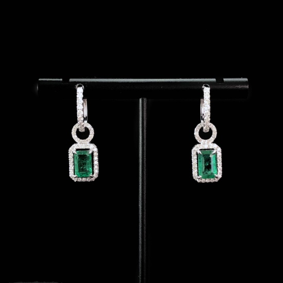 14k Gold 2.56 Ctw Vivid Green Natural Emerald & Diamond Earrings