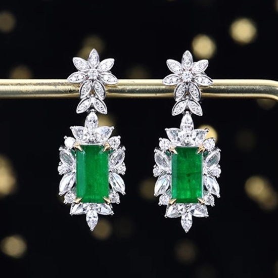 14k Gold 3.76 Ctw Vivid Green Natural Emerald & Diamond Earrings