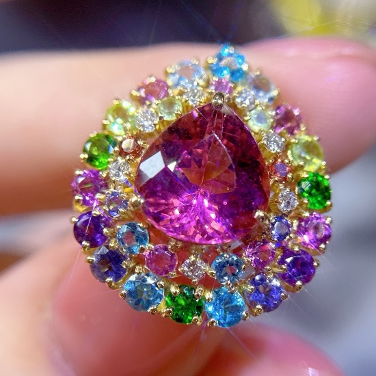 14k Gold 7.85 Ctw Natural Tourmaline & Gem Ring
