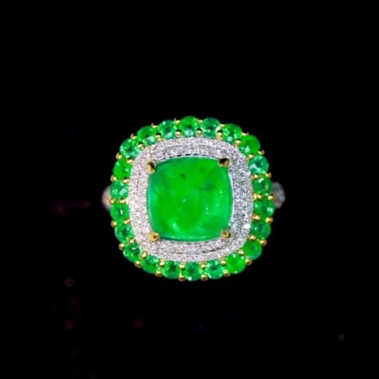 14k Gold 3.28 Ctw Vivid Green Natural Emerald & Diamond Ring