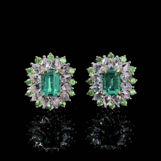 14k Gold 1.82 Ctw Vivid Green Natural Emerald & Diamond Earrings