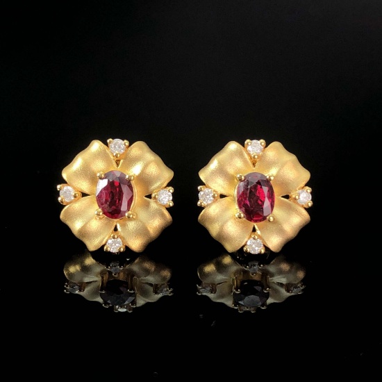 14k Gold 0.57 Ctw Natural Ruby & Diamond Earrings