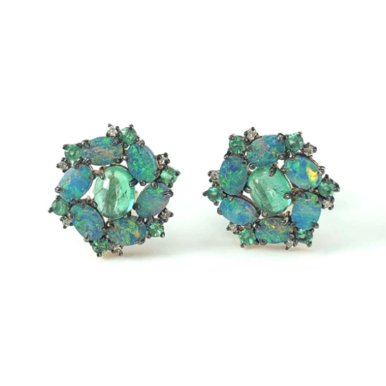 14k Gold 1 Ct Vivid Green Natural Emerald & Opal & Diamond Earrings