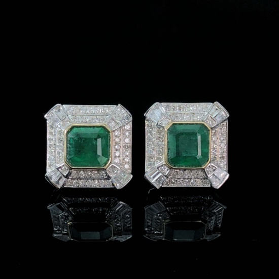 14k Gold 3.38 Ctw Vivid Green Natural Emerald & Diamond Earrings