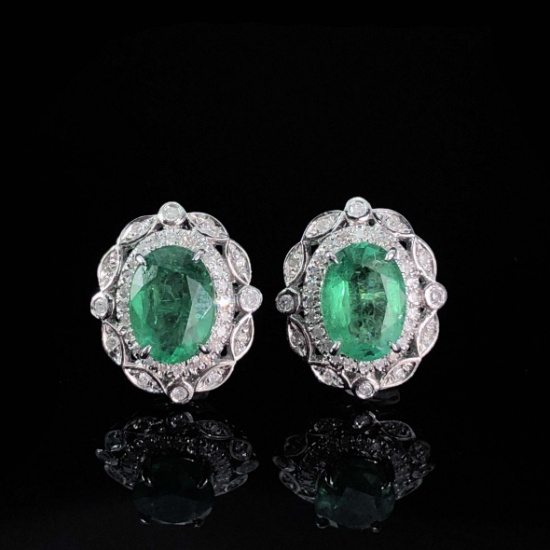 14k Gold 2.26 Ctw Vivid Green Natural Emerald & Diamond Earrings