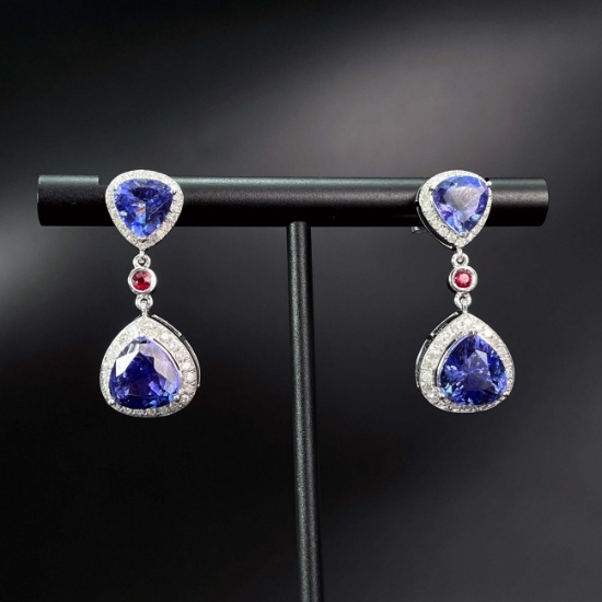 14k Gold 6.54 Ctw Vivid Blue Natural Tanzanite & Diamond Earrings