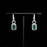 14k Gold 2.56 Ctw Vivid Green Natural Emerald & Diamond Earrings