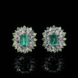 14k Gold 1.82 Ctw Vivid Green Natural Emerald & Diamond Earrings